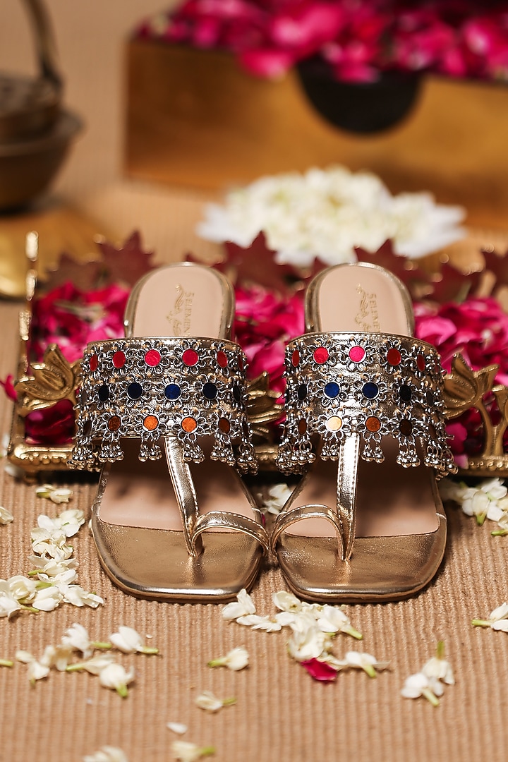 Gold Leatherette Embellished Kolhapuri Heels by 5 Elements at Pernia's Pop Up Shop