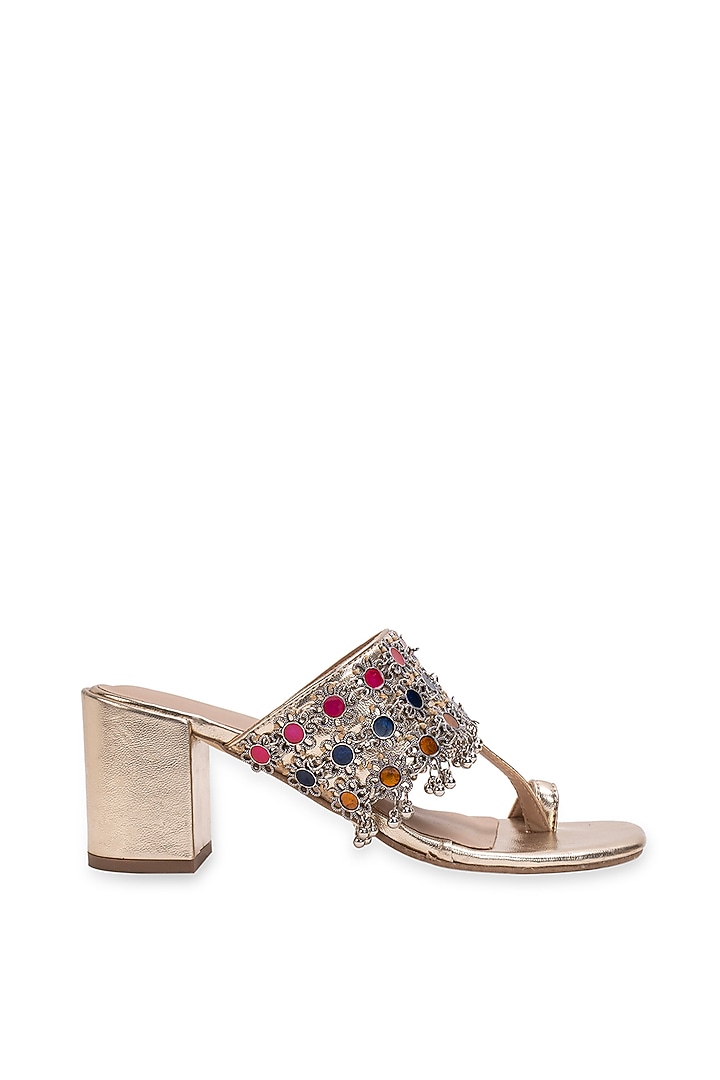 Gold Leatherette Embellished Kolhapuri Heels by 5 Elements at Pernia's Pop Up Shop