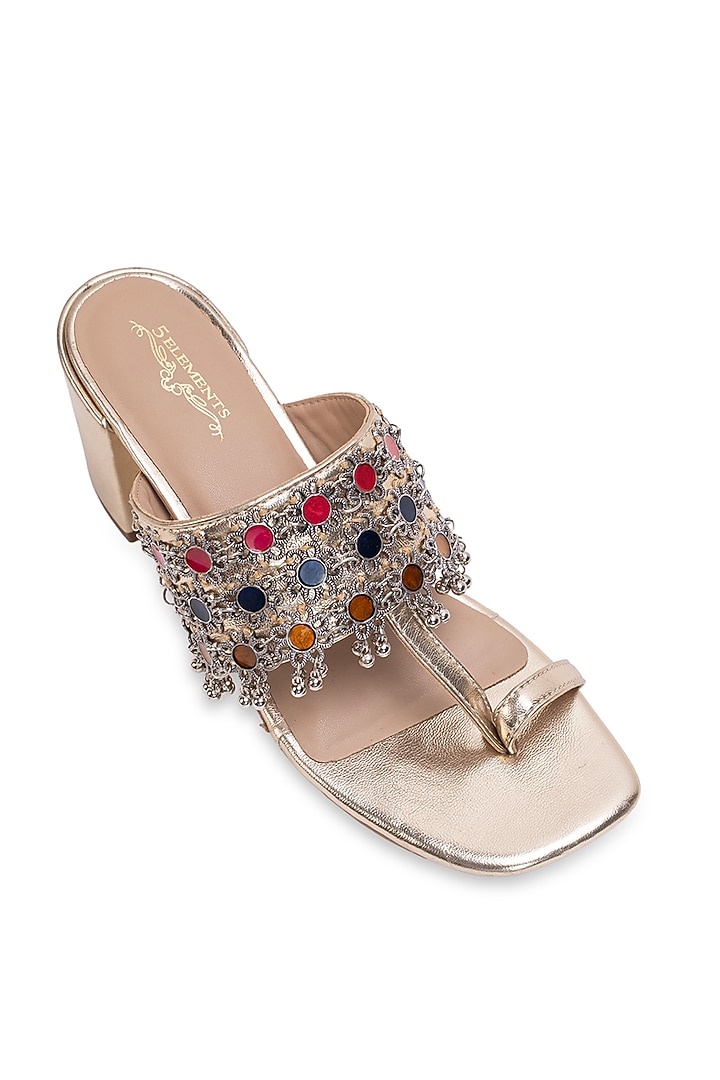 Gold Leatherette Embellished Kolhapuri Heels by 5 Elements at Pernia's Pop Up Shop