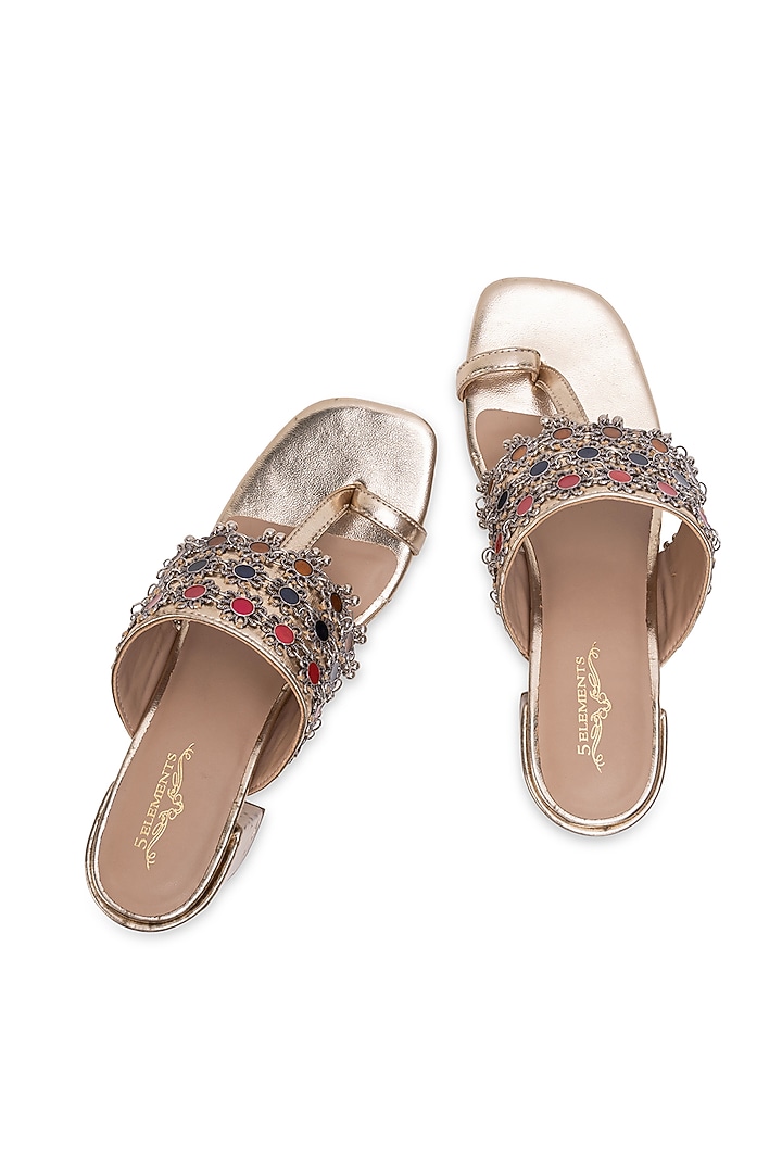 Gold Leatherette Embellished Kolhapuri Heels by 5 Elements at Pernia's Pop Up Shop