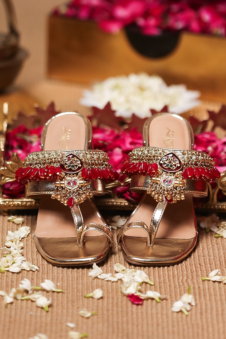 Gold Leatherette Embellished Kolhapuri Heels by 5 Elements at Pernia's Pop Up Shop