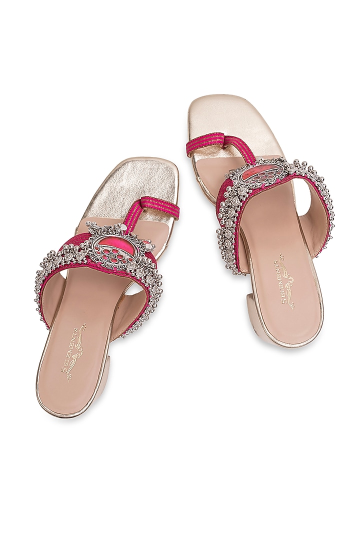 Gold Leatherette Embellished Kolhapuri Heels by 5 Elements at Pernia's Pop Up Shop