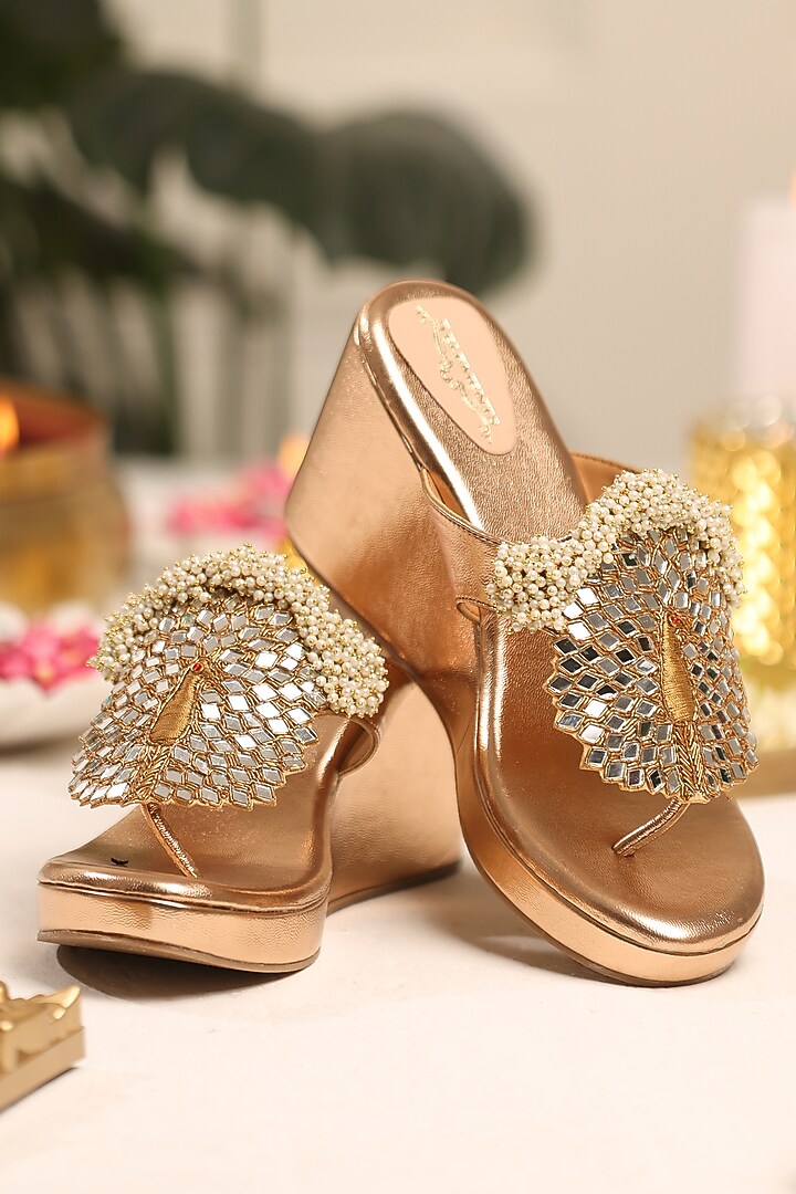 Copper Leatherette Embellished Wedges by 5 Elements at Pernia's Pop Up Shop