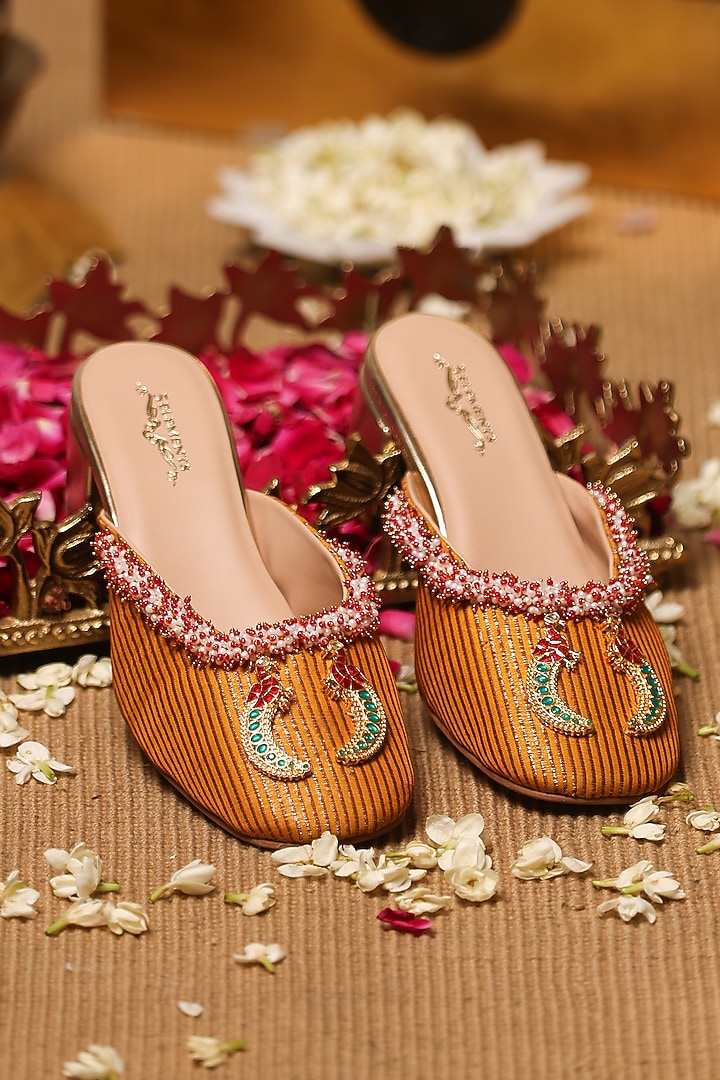 Mustard Leatherette Embellished Mule Heels by 5 Elements at Pernia's Pop Up Shop