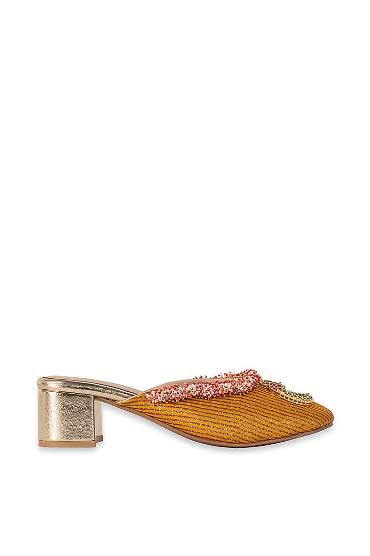 Mustard Leatherette Embellished Mule Heels by 5 Elements at Pernia's Pop Up Shop