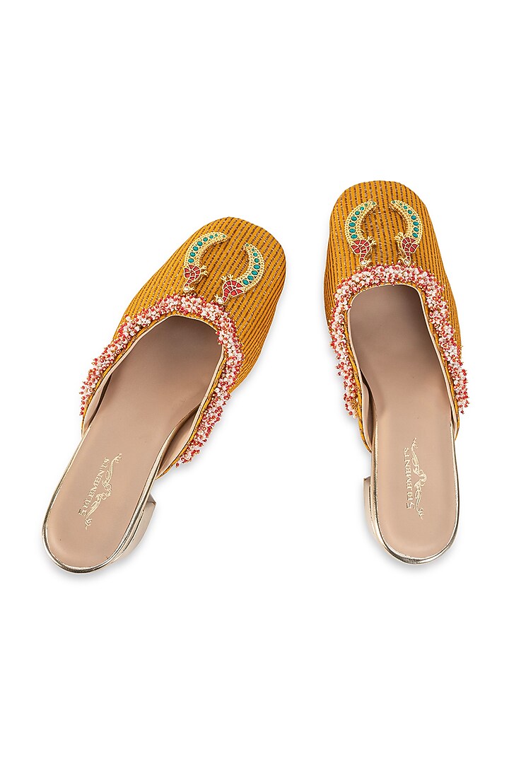 Mustard Leatherette Embellished Mule Heels by 5 Elements at Pernia's Pop Up Shop
