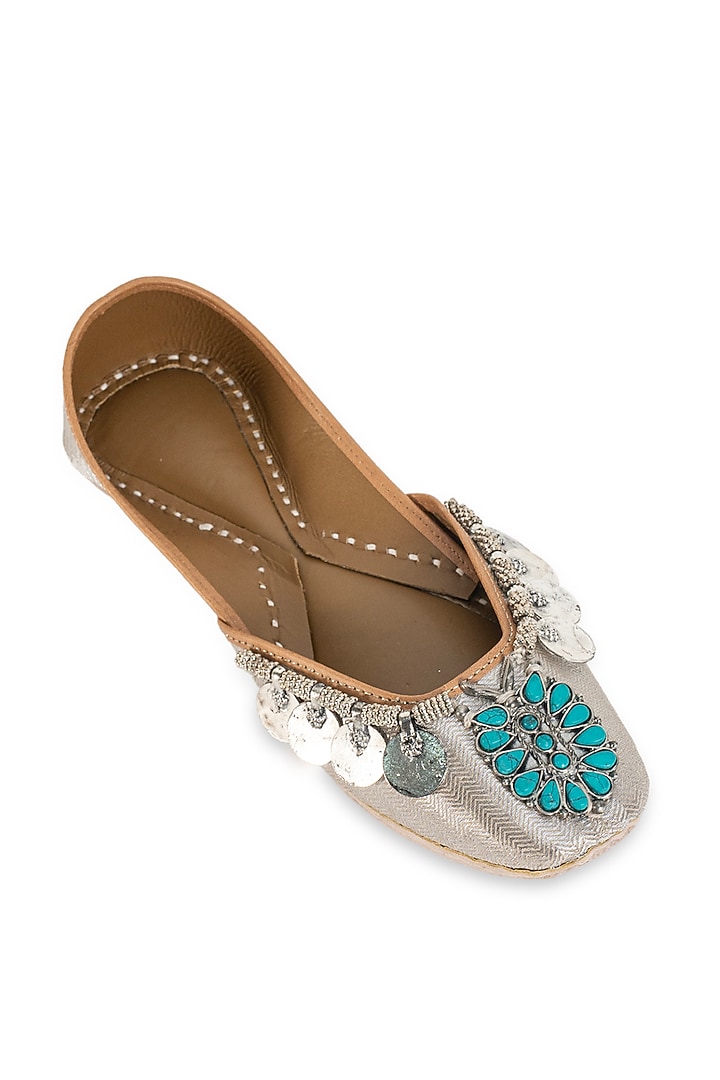 Silver Leatherette Embellished Juttis by 5 Elements at Pernia's Pop Up Shop