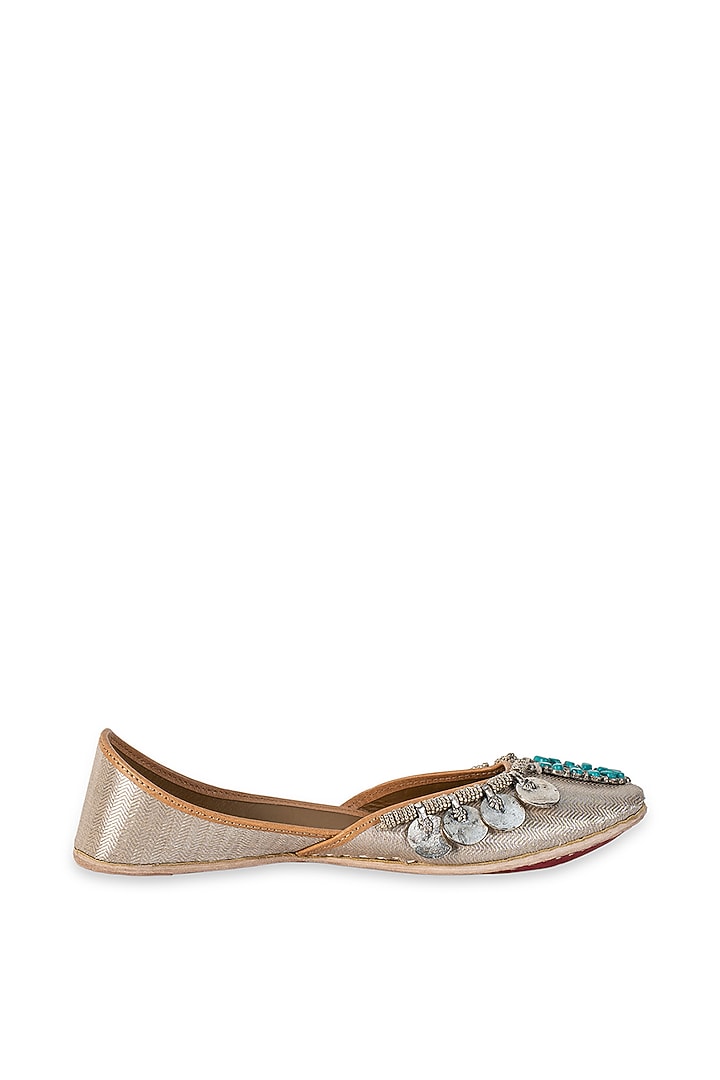 Silver Leatherette Embellished Juttis by 5 Elements at Pernia's Pop Up Shop