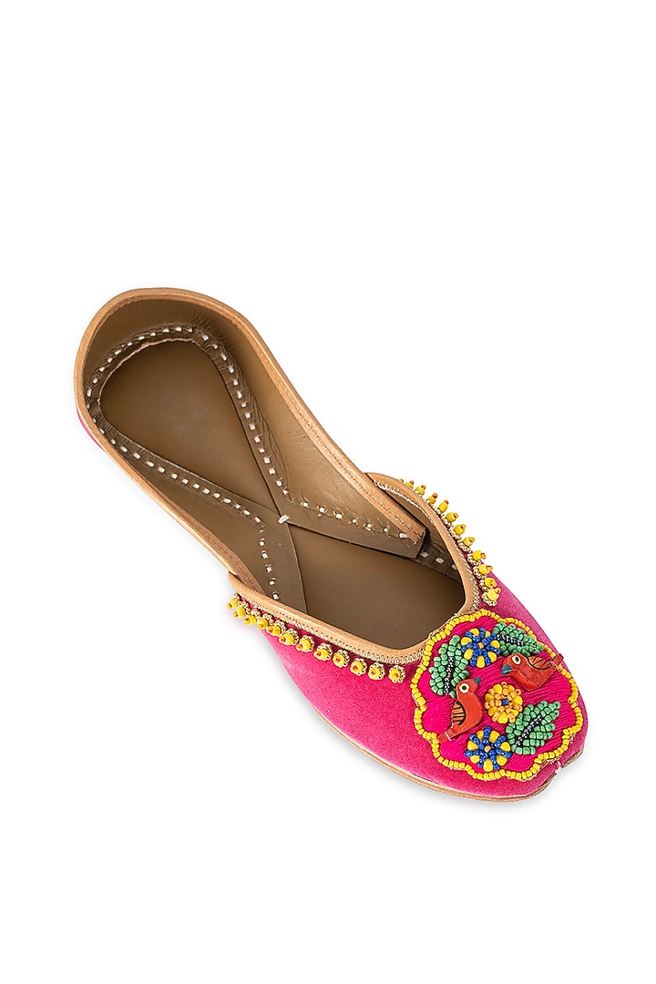 Pink Leatherette Embellished Juttis by 5 Elements at Pernia's Pop Up Shop