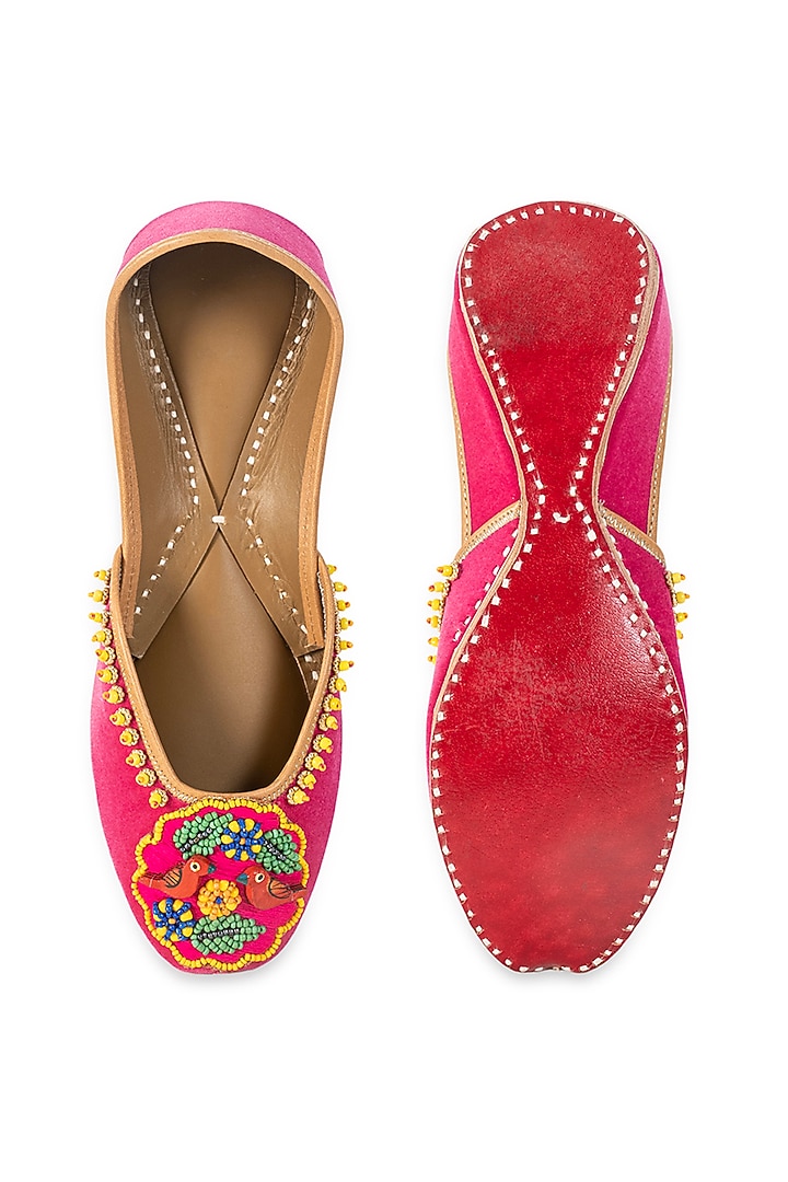 Pink Leatherette Embellished Juttis by 5 Elements at Pernia's Pop Up Shop