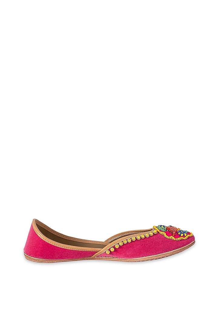 Pink Leatherette Embellished Juttis by 5 Elements at Pernia's Pop Up Shop
