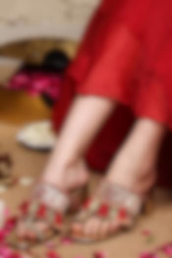 Gold Leatherette Embellished Kolhapuri Heels by 5 Elements at Pernia's Pop Up Shop