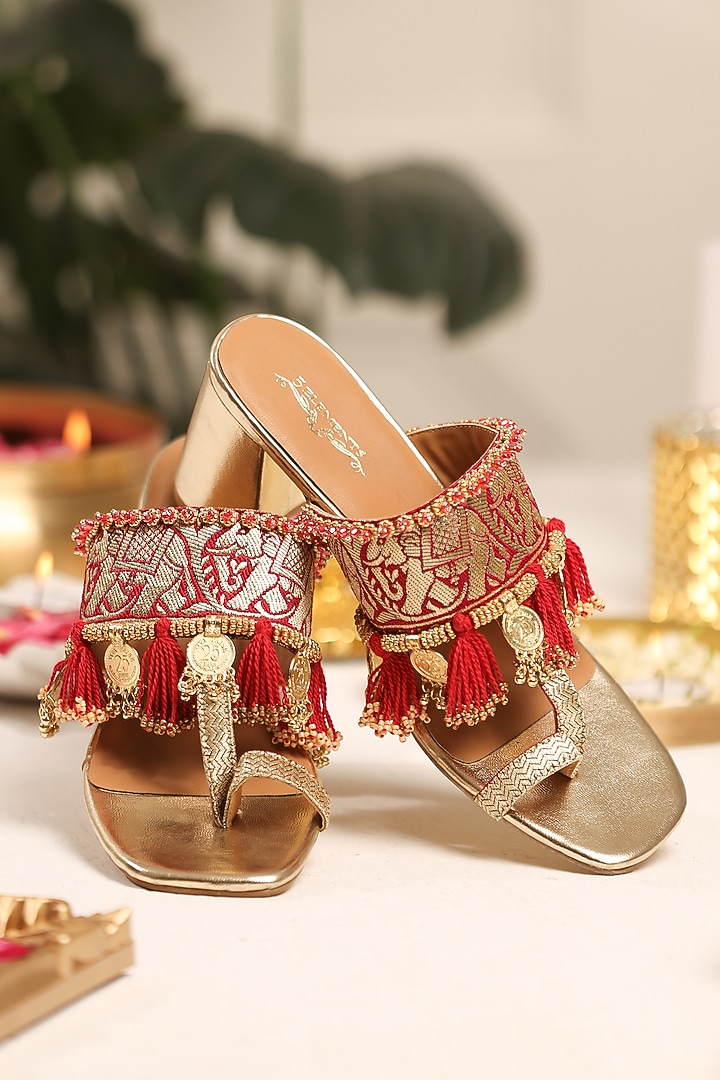 Gold Leatherette Embellished Kolhapuri Heels by 5 Elements at Pernia's Pop Up Shop