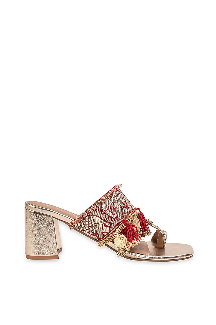 Gold Leatherette Embellished Kolhapuri Heels by 5 Elements at Pernia's Pop Up Shop