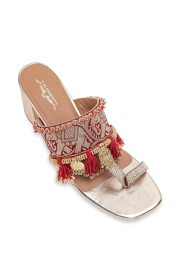 Gold Leatherette Embellished Kolhapuri Heels by 5 Elements at Pernia's Pop Up Shop