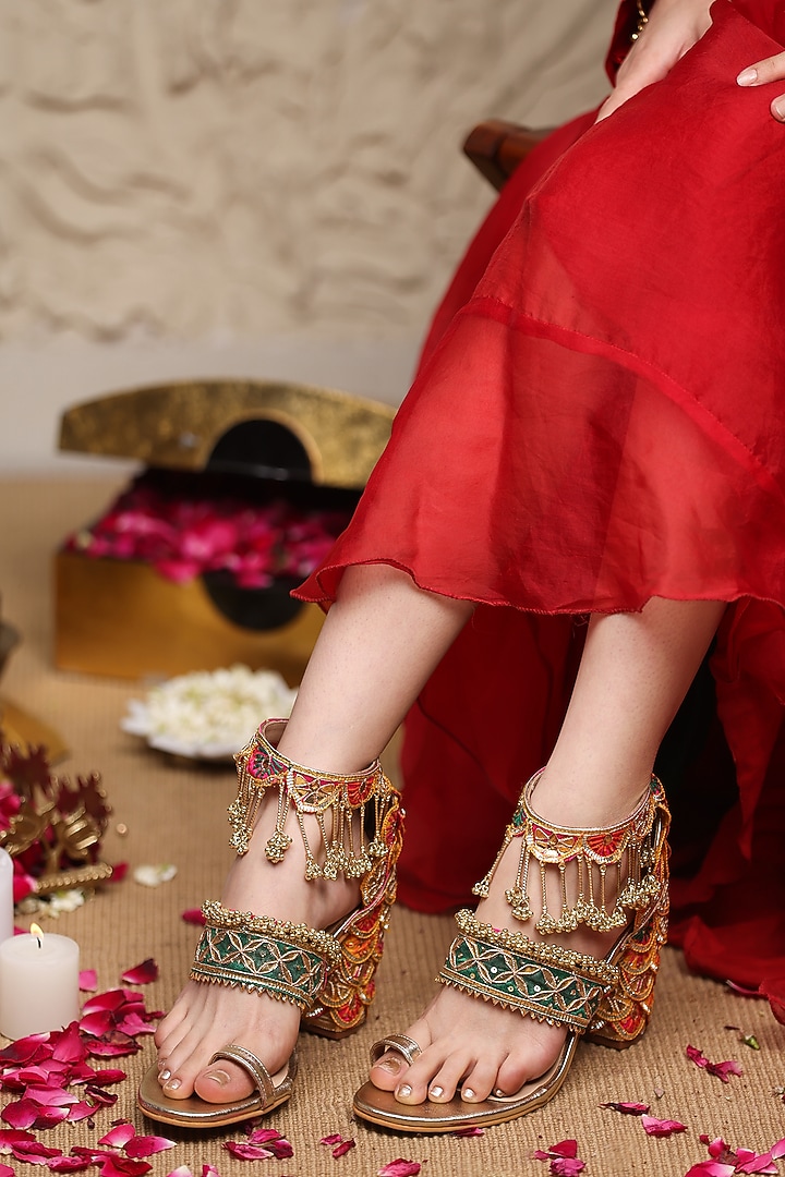 Gold Leatherette Embellished Slider Heels by 5 Elements at Pernia's Pop Up Shop