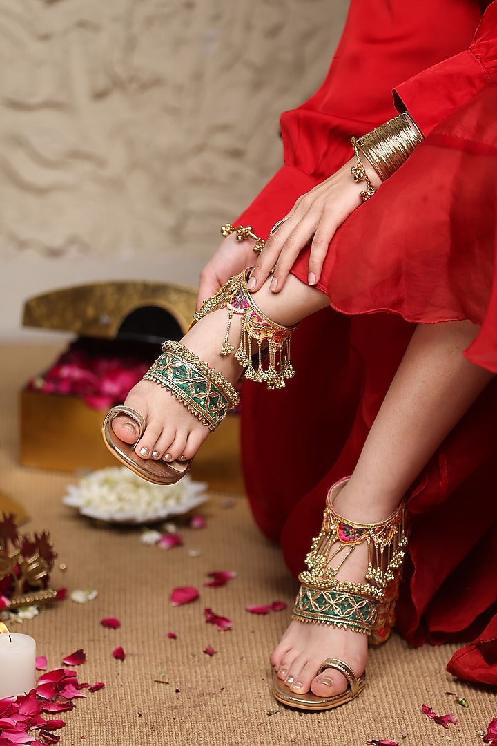 Gold Leatherette Embellished Slider Heels by 5 Elements at Pernia's Pop Up Shop