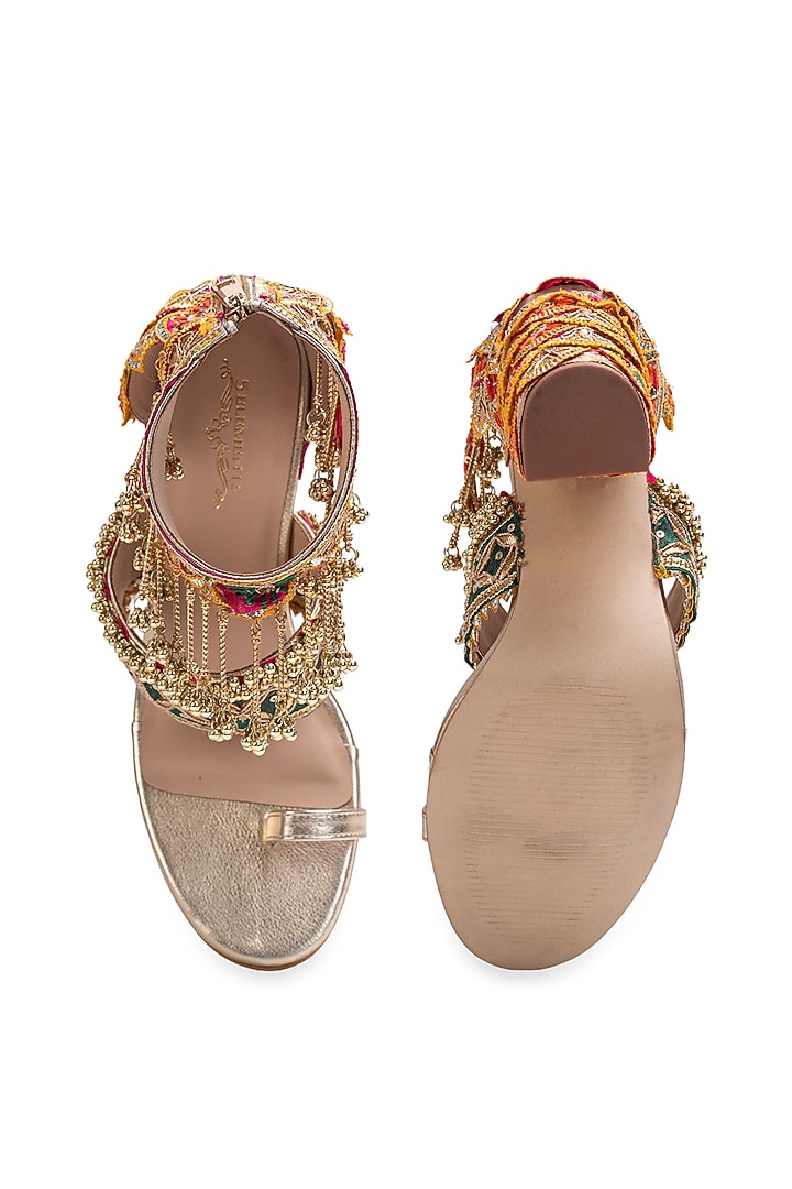 Gold Leatherette Embellished Slider Heels by 5 Elements at Pernia's Pop Up Shop