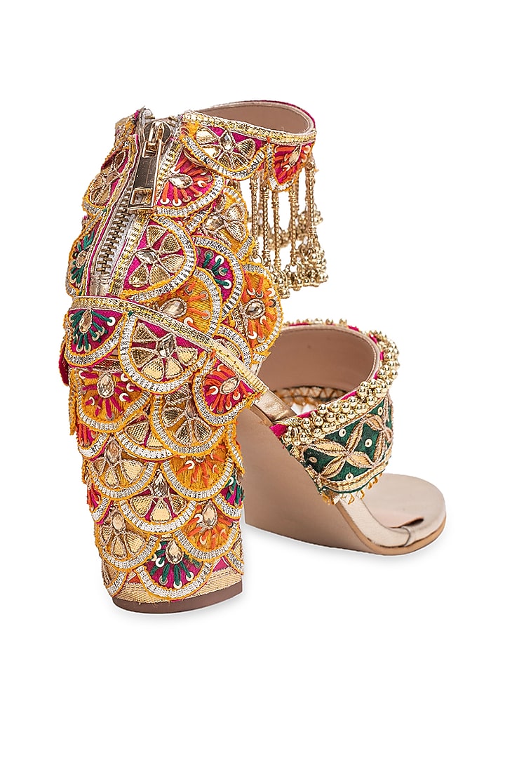Gold Leatherette Embellished Slider Heels by 5 Elements at Pernia's Pop Up Shop