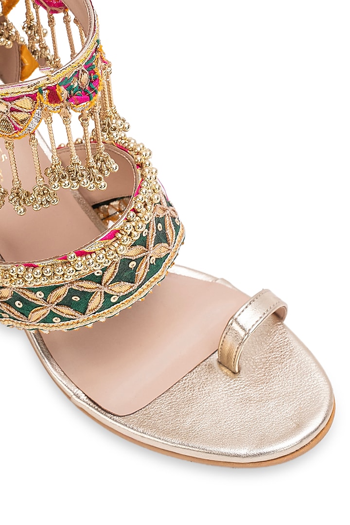 Gold Leatherette Embellished Slider Heels by 5 Elements at Pernia's Pop Up Shop
