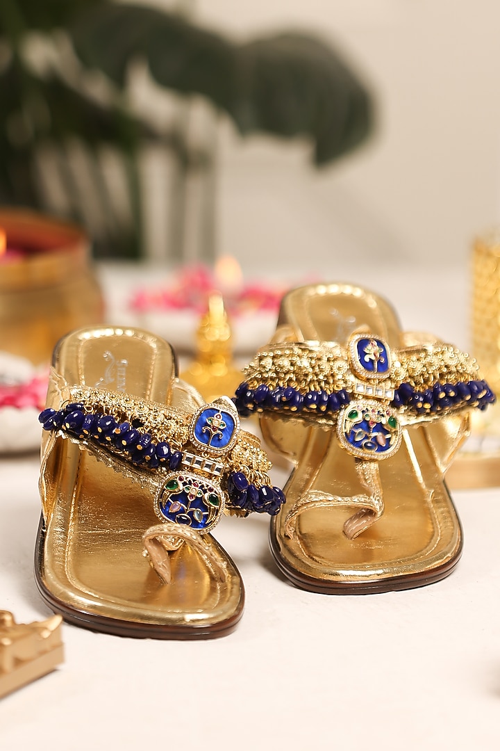 Gold Leatherette Kolhapuri Flats by 5 Elements at Pernia's Pop Up Shop