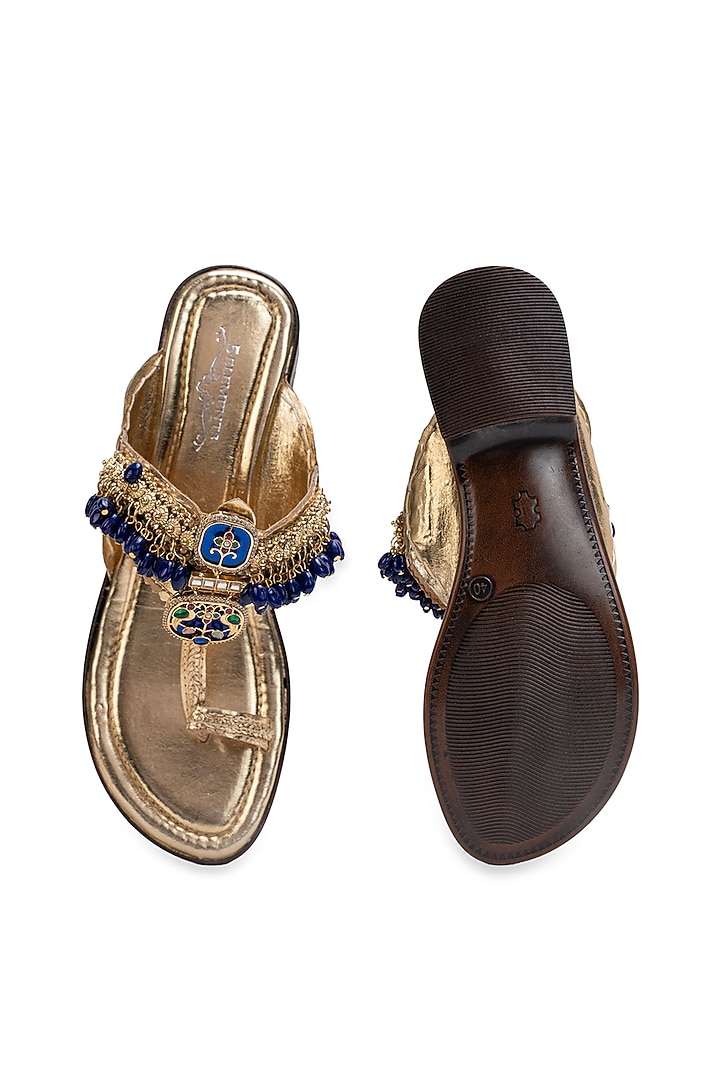 Gold Leatherette Kolhapuri Flats by 5 Elements at Pernia's Pop Up Shop