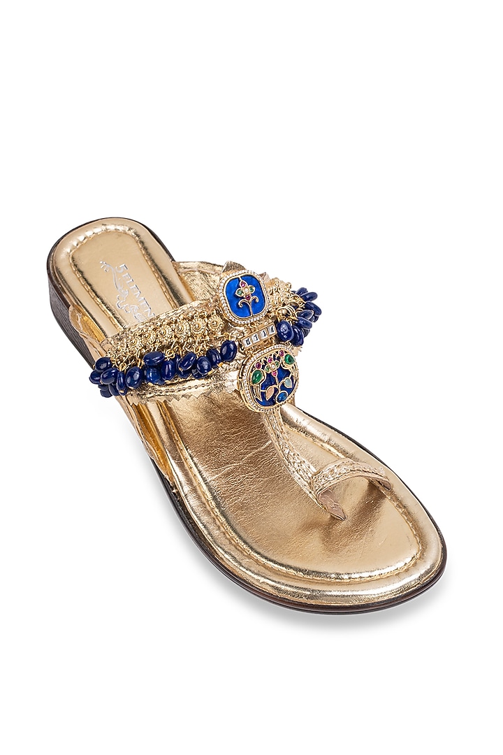 Gold Leatherette Kolhapuri Flats by 5 Elements at Pernia's Pop Up Shop