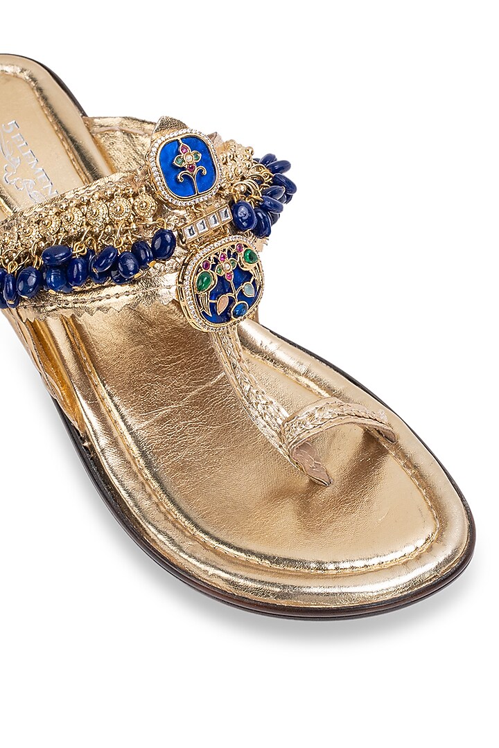 Gold Leatherette Kolhapuri Flats by 5 Elements at Pernia's Pop Up Shop