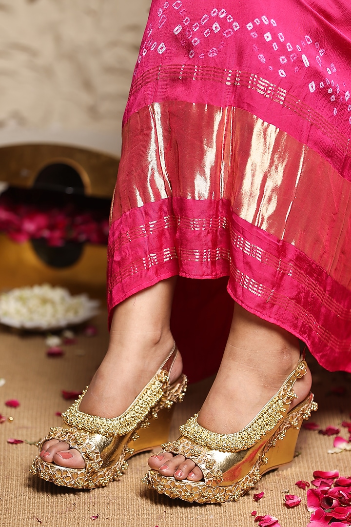 Gold Leatherette White Stone Embroidered Wedges by 5 Elements at Pernia's Pop Up Shop