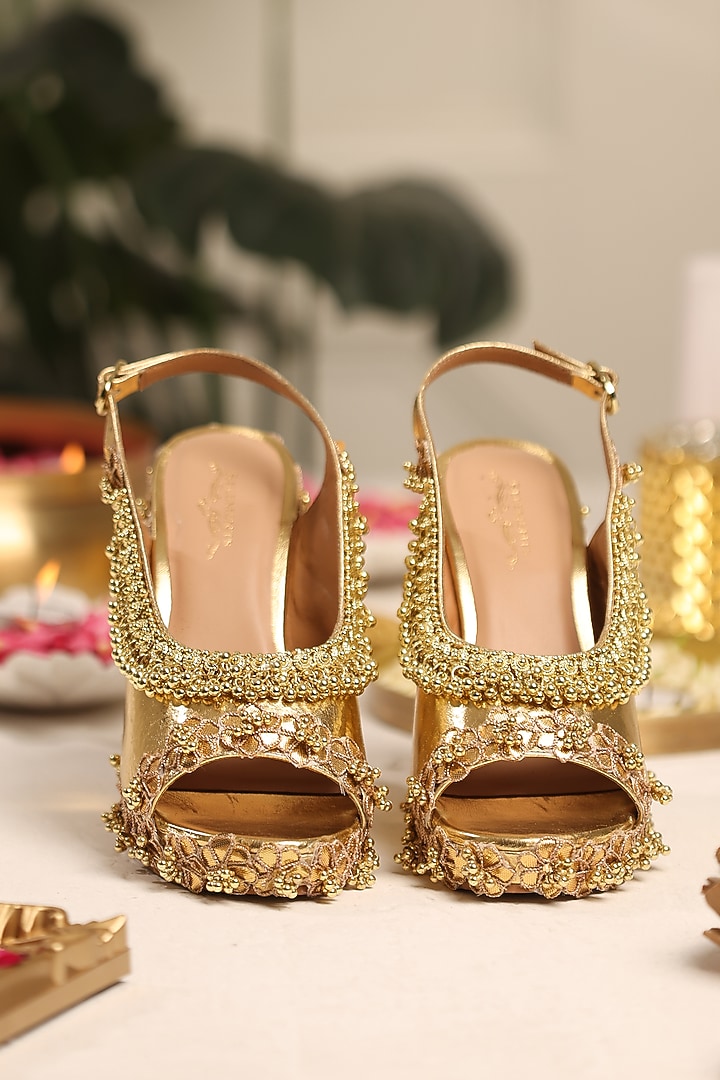 Gold Leatherette White Stone Embroidered Wedges by 5 Elements at Pernia's Pop Up Shop