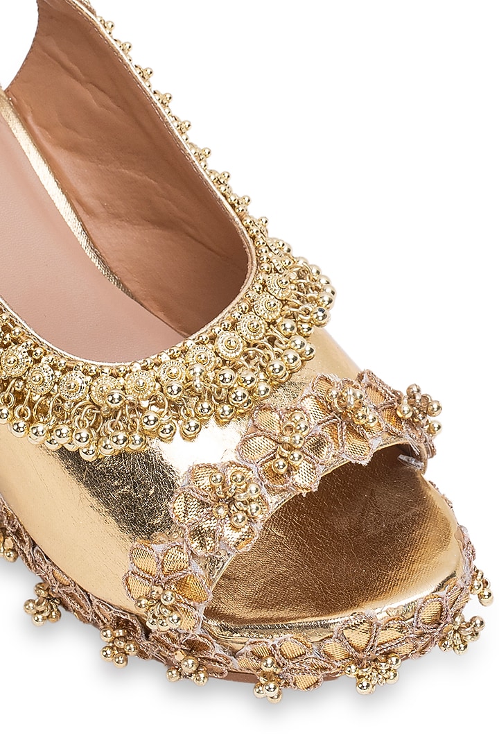 Gold Leatherette White Stone Embroidered Wedges by 5 Elements at Pernia's Pop Up Shop
