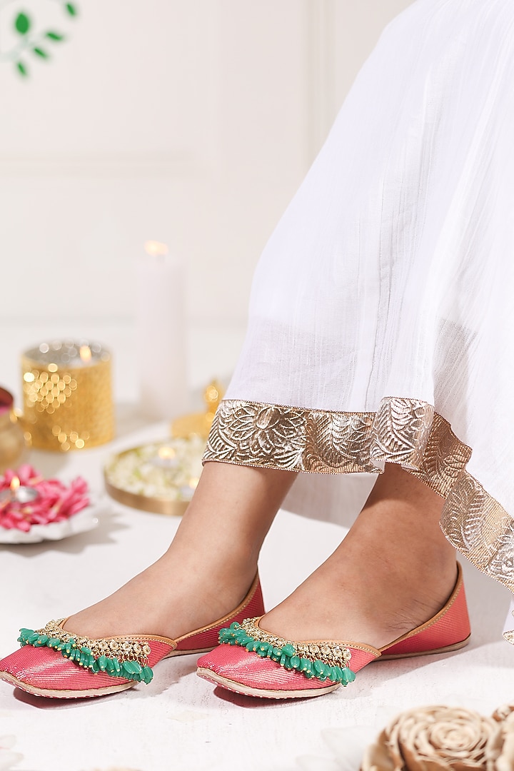 Pink Leatherette Juttis by 5 Elements at Pernia's Pop Up Shop