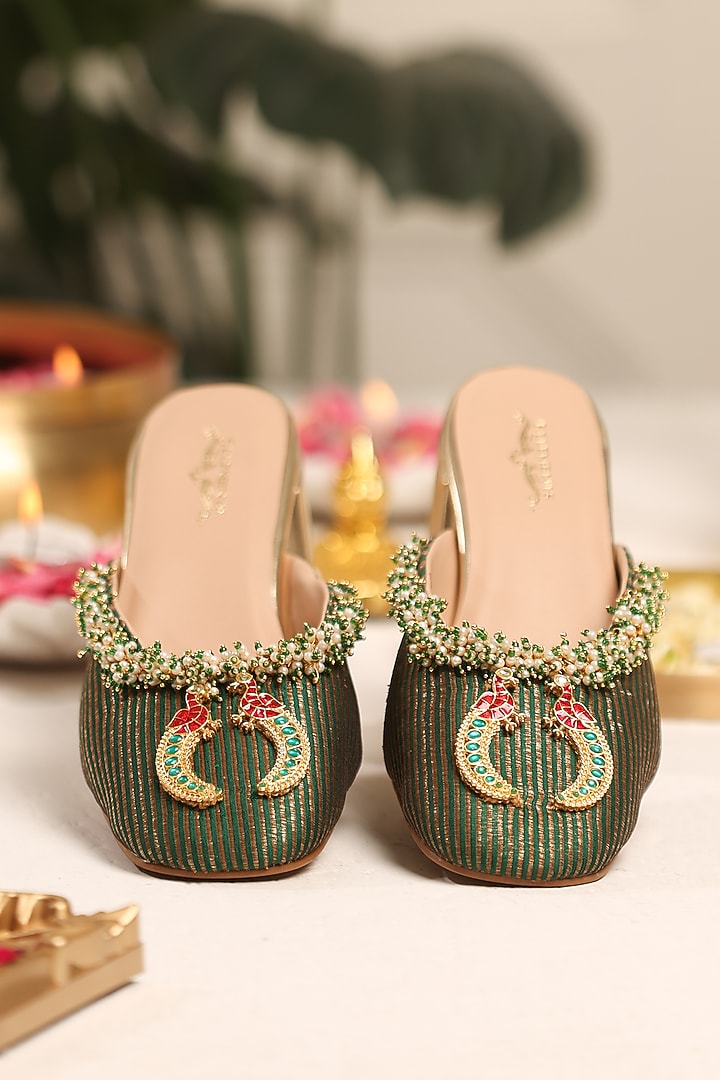 Green Leatherette Embellished mule Heels by 5 Elements at Pernia's Pop Up Shop