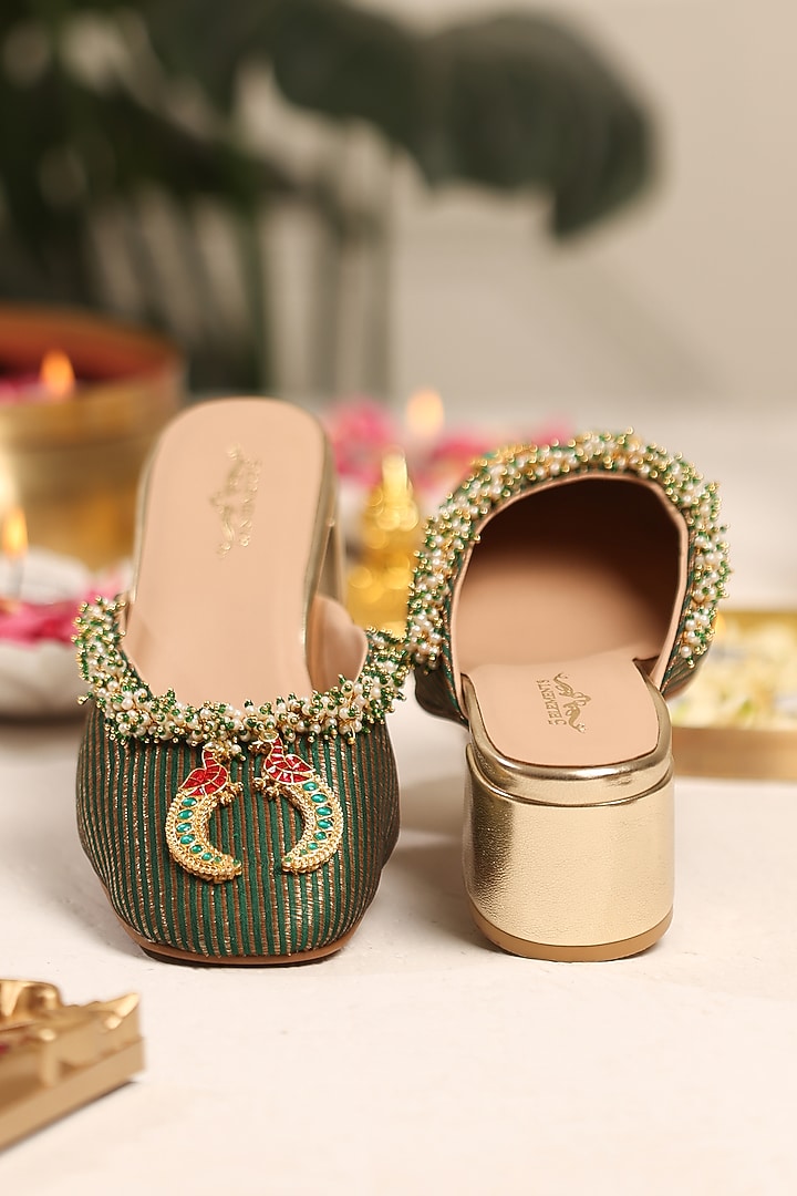 Green Leatherette Embellished mule Heels by 5 Elements at Pernia's Pop Up Shop