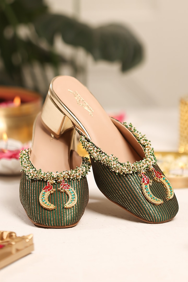 Green Leatherette Embellished mule Heels by 5 Elements at Pernia's Pop Up Shop