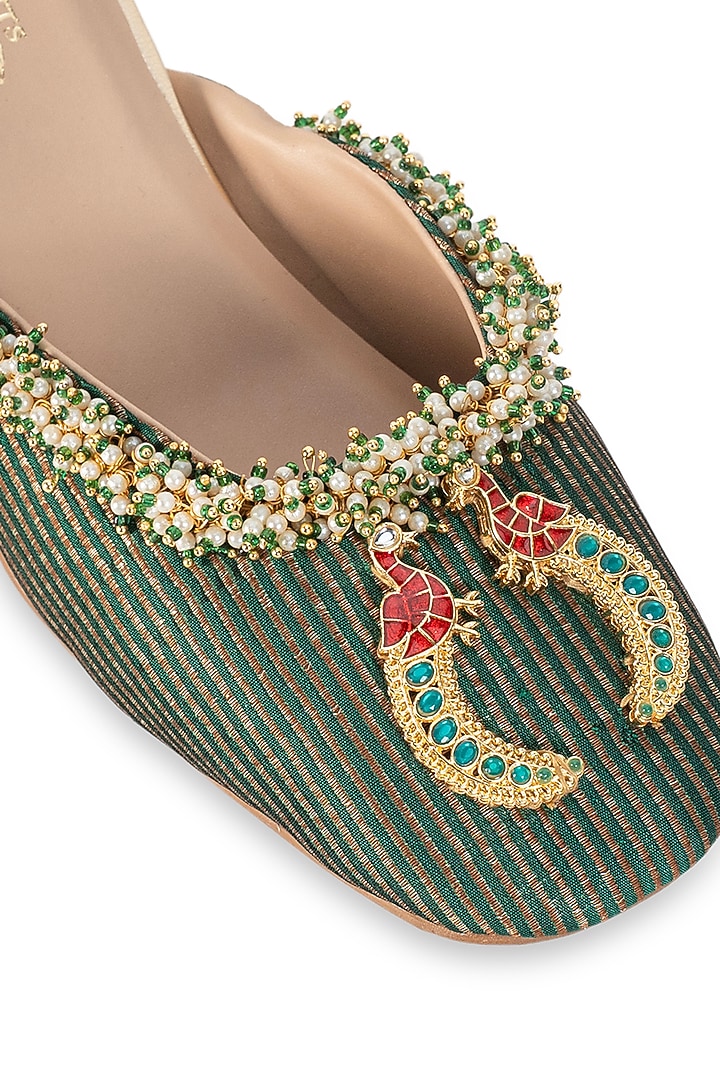 Green Leatherette Embellished mule Heels by 5 Elements at Pernia's Pop Up Shop