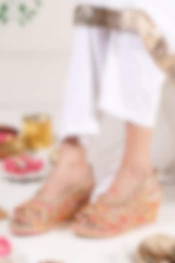 Gold Leatherette White Stone Embroidered Wedges by 5 Elements at Pernia's Pop Up Shop