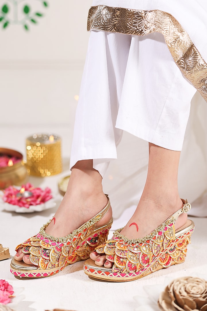 Gold Leatherette White Stone Embroidered Wedges by 5 Elements at Pernia's Pop Up Shop