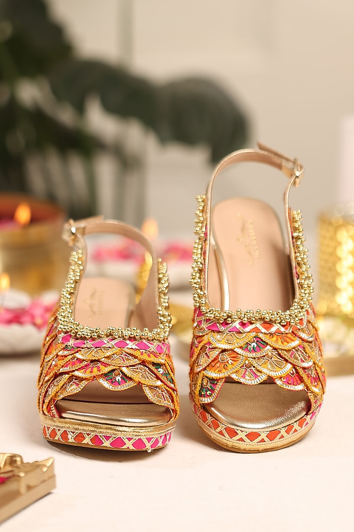 Gold Leatherette White Stone Embroidered Wedges by 5 Elements at Pernia's Pop Up Shop