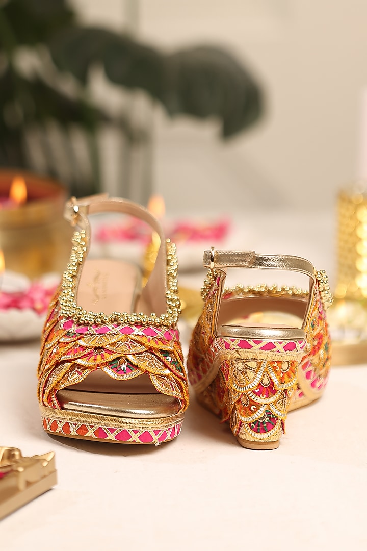 Gold Leatherette White Stone Embroidered Wedges by 5 Elements at Pernia's Pop Up Shop
