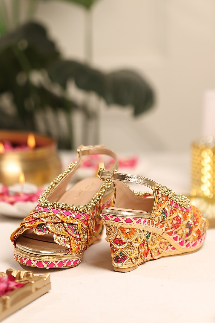 Gold Leatherette White Stone Embroidered Wedges by 5 Elements at Pernia's Pop Up Shop