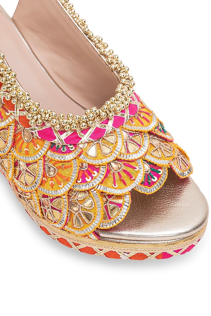Gold Leatherette White Stone Embroidered Wedges by 5 Elements at Pernia's Pop Up Shop