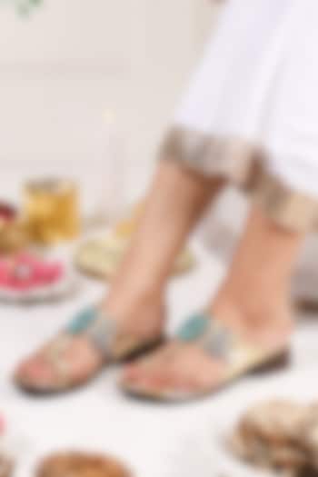 Gold Leatherette Kolhapuri Flats by 5 Elements at Pernia's Pop Up Shop