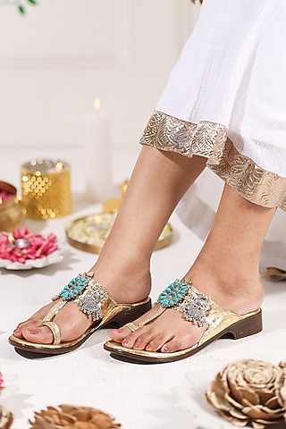 Gold Leatherette Kolhapuri Flats by 5 Elements