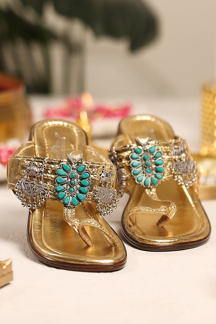 Gold Leatherette Kolhapuri Flats by 5 Elements at Pernia's Pop Up Shop