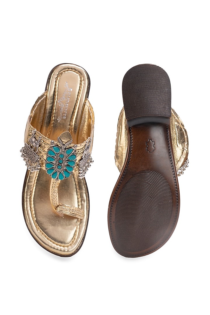 Gold Leatherette Kolhapuri Flats by 5 Elements at Pernia's Pop Up Shop