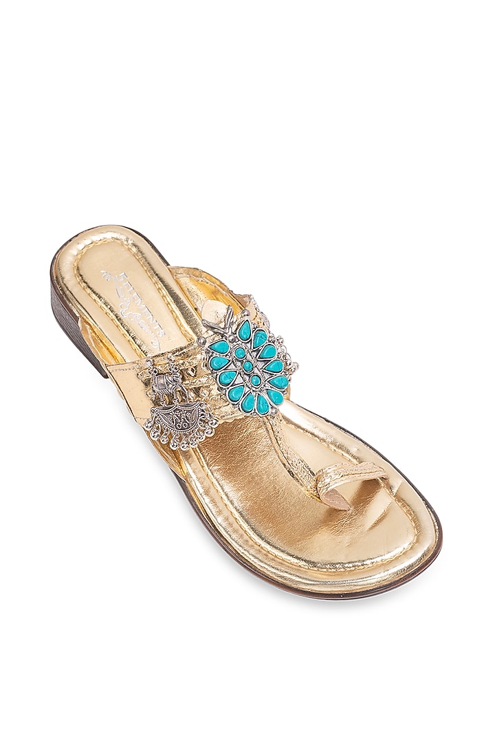 Gold Leatherette Kolhapuri Flats by 5 Elements at Pernia's Pop Up Shop