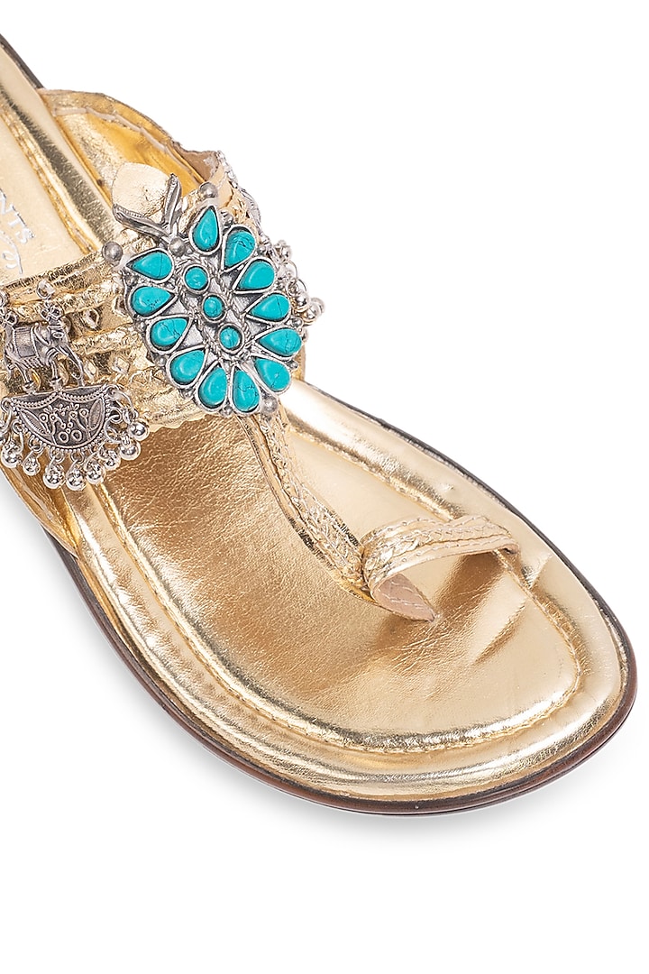 Gold Leatherette Kolhapuri Flats by 5 Elements at Pernia's Pop Up Shop