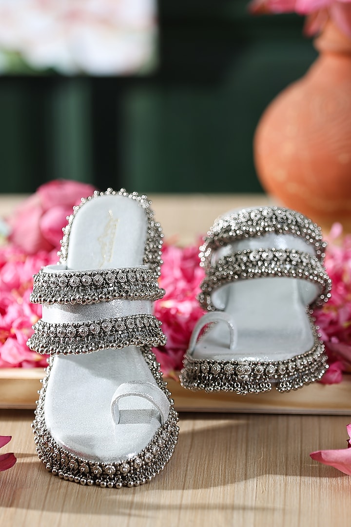 Silver Leatherette Embroidered Wedges by 5 Elements at Pernia's Pop Up Shop