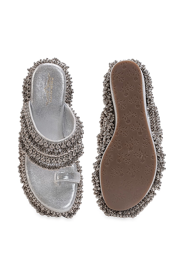 Silver Leatherette Embroidered Wedges by 5 Elements at Pernia's Pop Up Shop